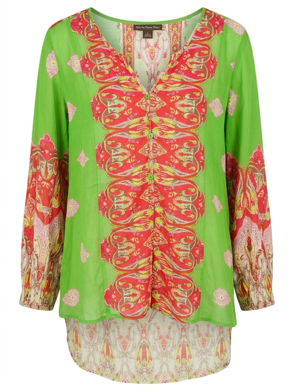 Green and Red Printed V-Neck Women's Blouse